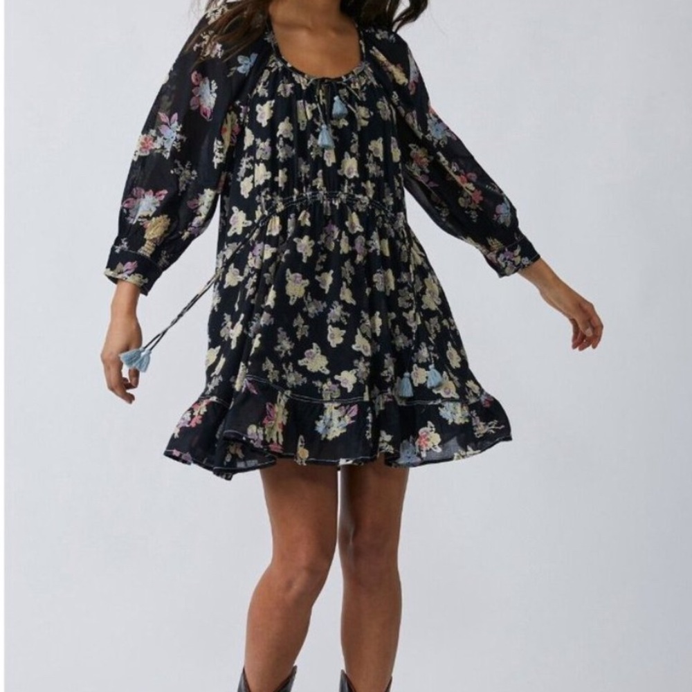 Free People Women's Black Floral Tassel Tie Waist Dress size M